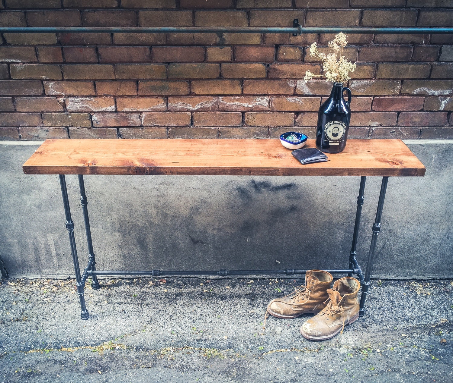 Wood and pipe console table rustic console by pipeandwooddesigns