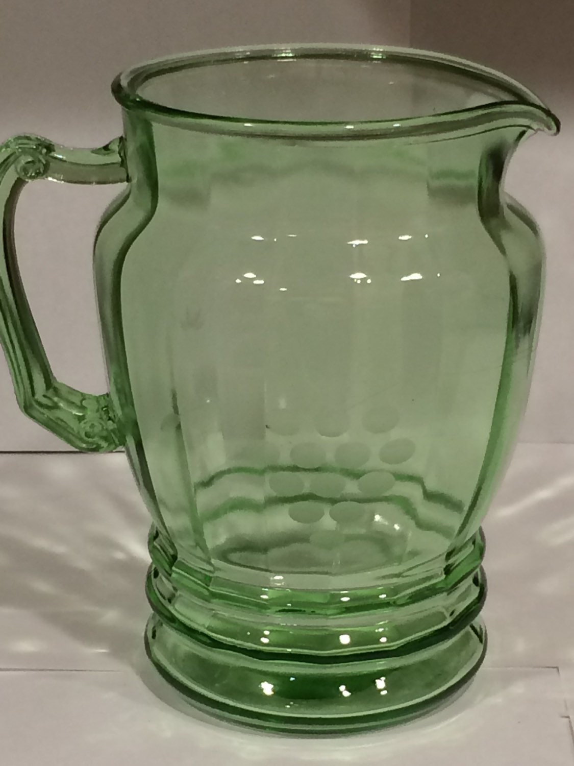 Green Depression Glass Panel Pitcher With Etched Grapes