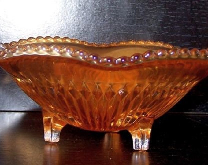 Storewide 25% Off SALE Vintage Marigold Carnival Depression Art Glass Footed Centerpiece Bowl Featuring Beautiful Beaded Edge Boarder Design