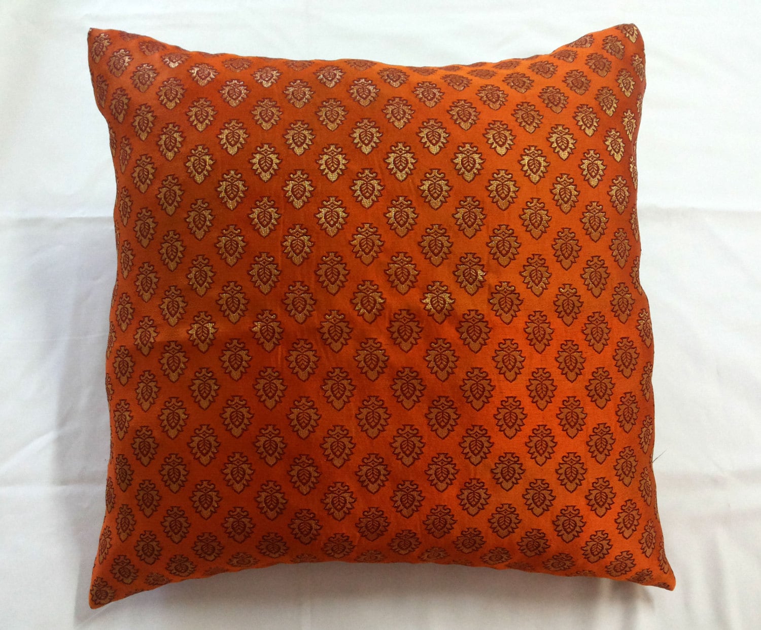 Orange Brocade Throw Pillow Cover 18x18 Indian Pillow with