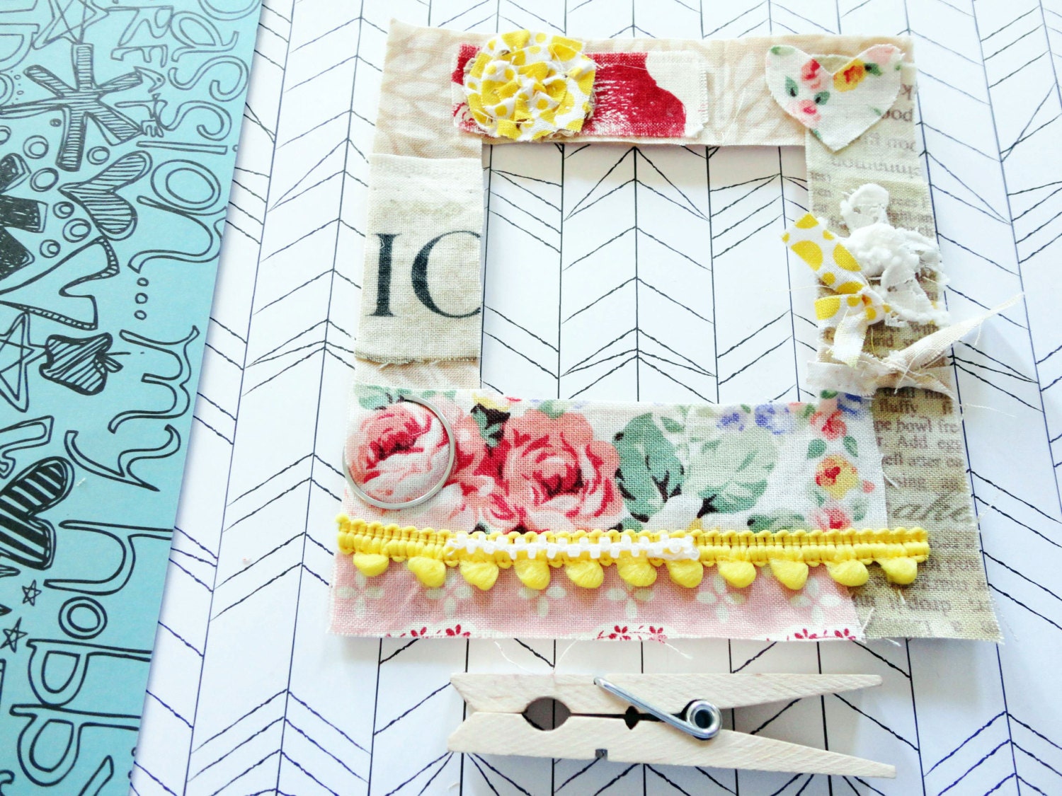 Scrapbook frame fabric collage textile art by ScrapbookJunkyard