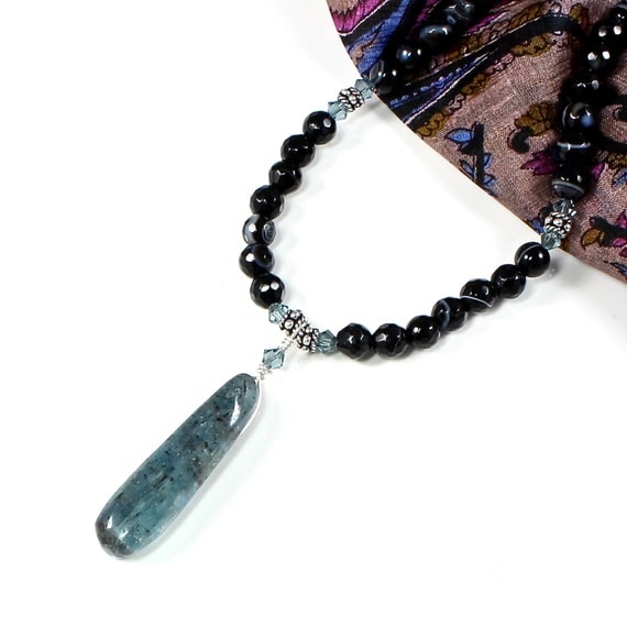 Handmade OOAK Kyanite Necklace With Swarovski Crystals, Banded Agate and Silver