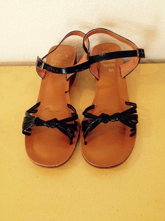 1970's Kinney Sandals in Patent Black Leather Bohemian