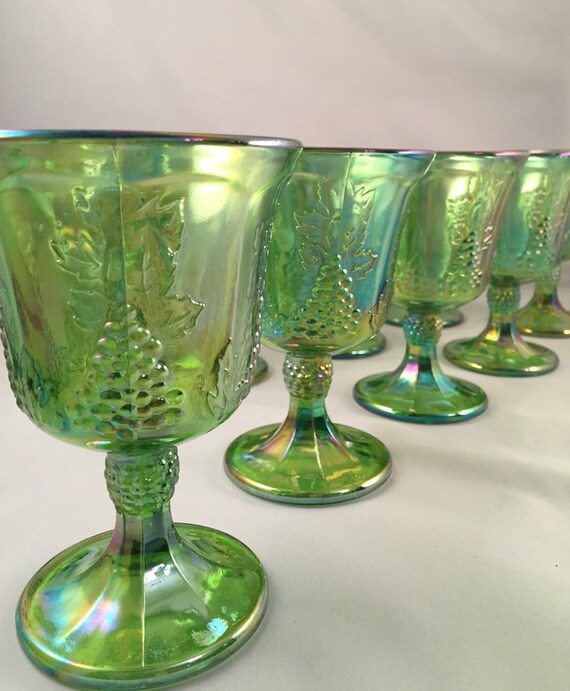 8 Retro Lime Green Carnival Glass Wine Goblets Indiana Glass 3871