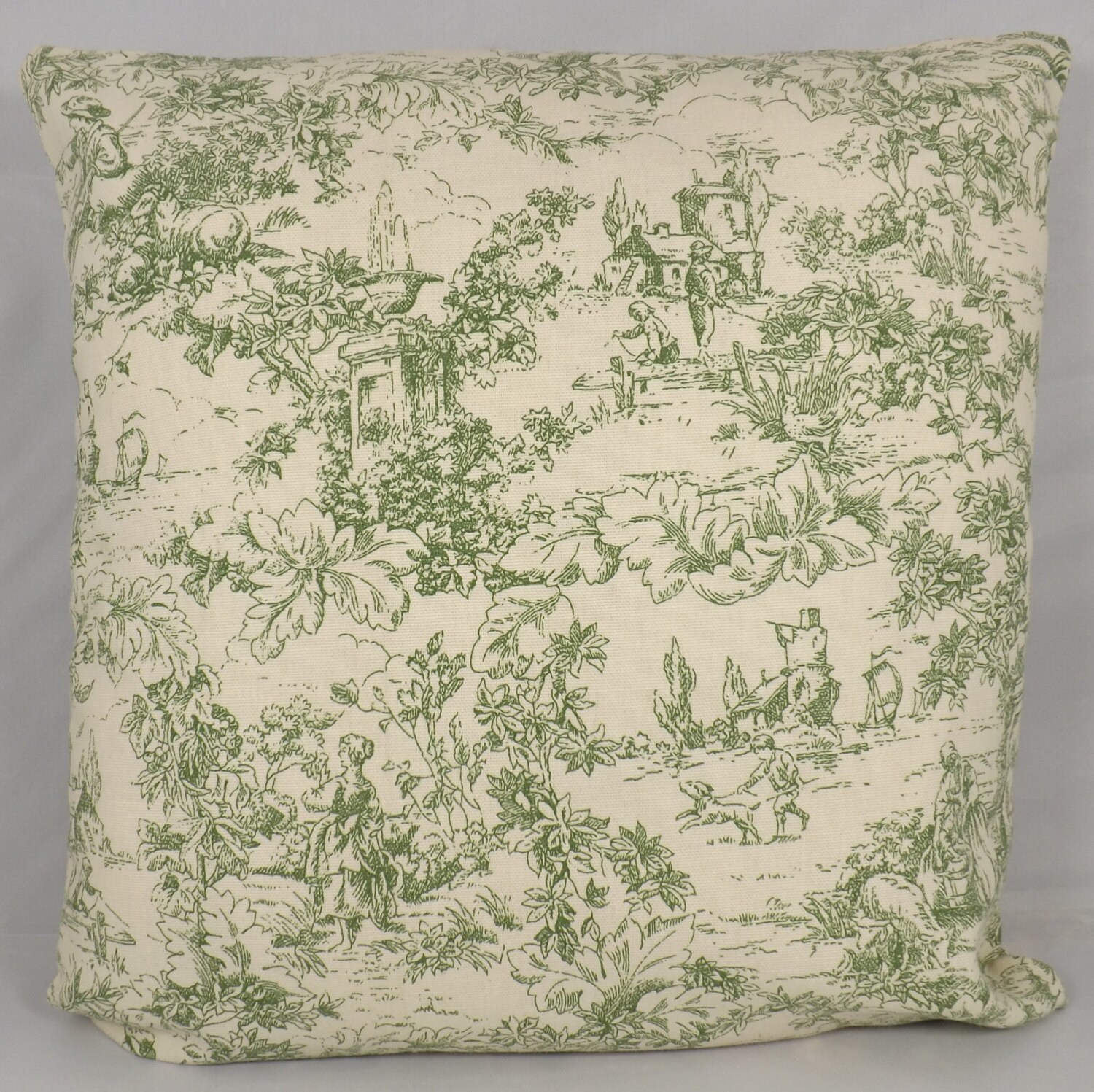 Green toile decorative throw pillow cover by mysweetlifeboutique