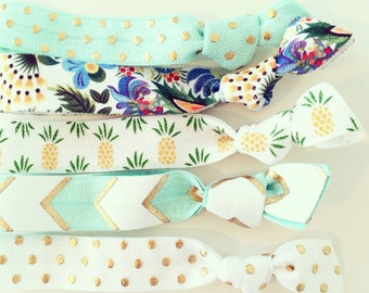 Tropical Pineapple Hair Tie Set | Aqua Mint White + Gold Pineapple Creaseless Elastic Hair Ties, Boho Hair Tie Bracelets, Tropical Vacation