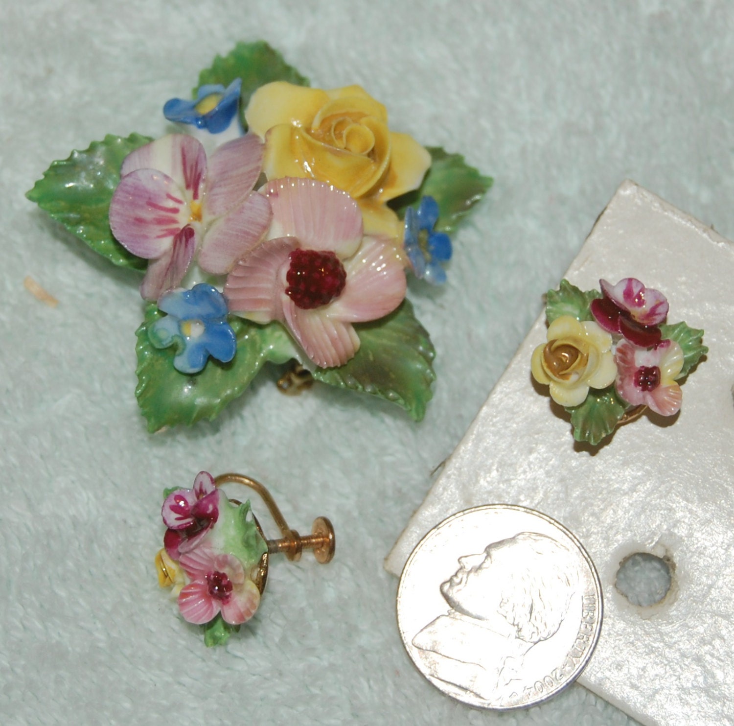 Denton China Brooch & Earrings Staffordshire England