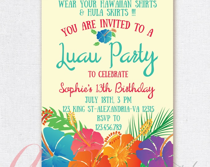 Luau Invitation Birthday Party. Hawaiian party invitation. Hawaiian birthday. Luau Party. Printable invitation.