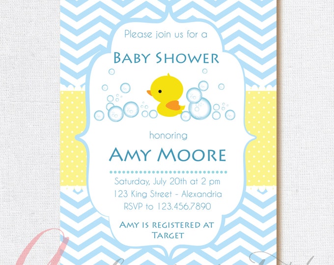 Baby Shower Invitation. Baby boy. Rubber ducky babyshower invite. Chevron style babyshower invitation. Printable