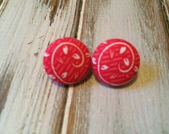 Button Earrings - Pink Fabric Button Post Earrings
