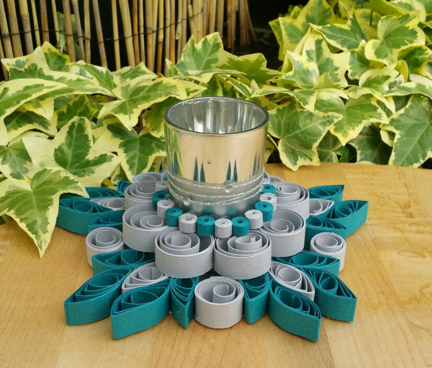Elegant Handmade Candle Holder in Teal Grey by PaperOrchidBoutique
