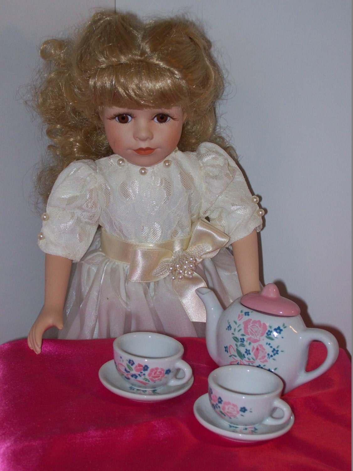 Miniature tea set/ doll teapot tea cups/ 18 doll by DollsDelight