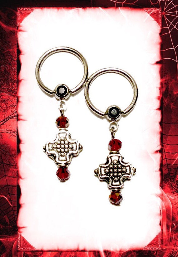 Pair Gothic Silver and Red Beaded Nipple Ring Body Jewelry 14G