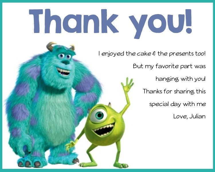 Monsters Inc Birthday Party Thank you Card