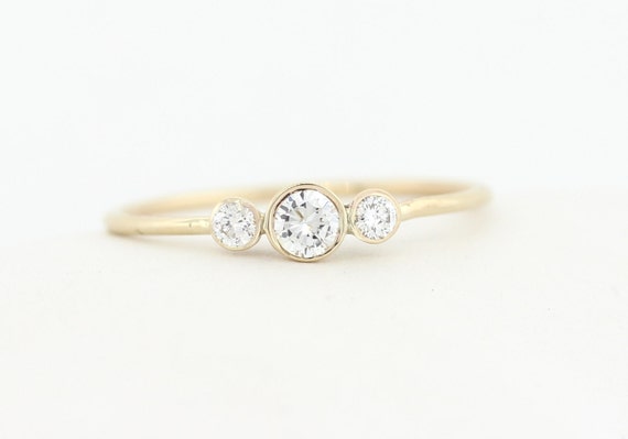 Three Stone Round Brilliant Cut Diamond Engagement Ring, Thin 3 Stone Dainty Bezel Set Engagement Ring, Three Stone Bezel Diamond Ring