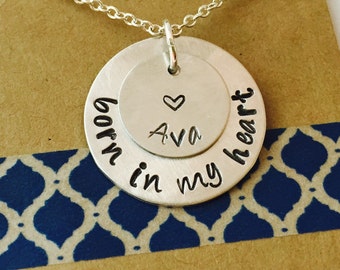 Adoption Gift, Adopition Necklace, Foster Parent, Born in my heart, Hand Stamped Necklace