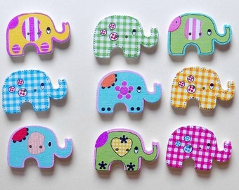 9 Wooden Multicolor Elephants Buttons - #SB-00034