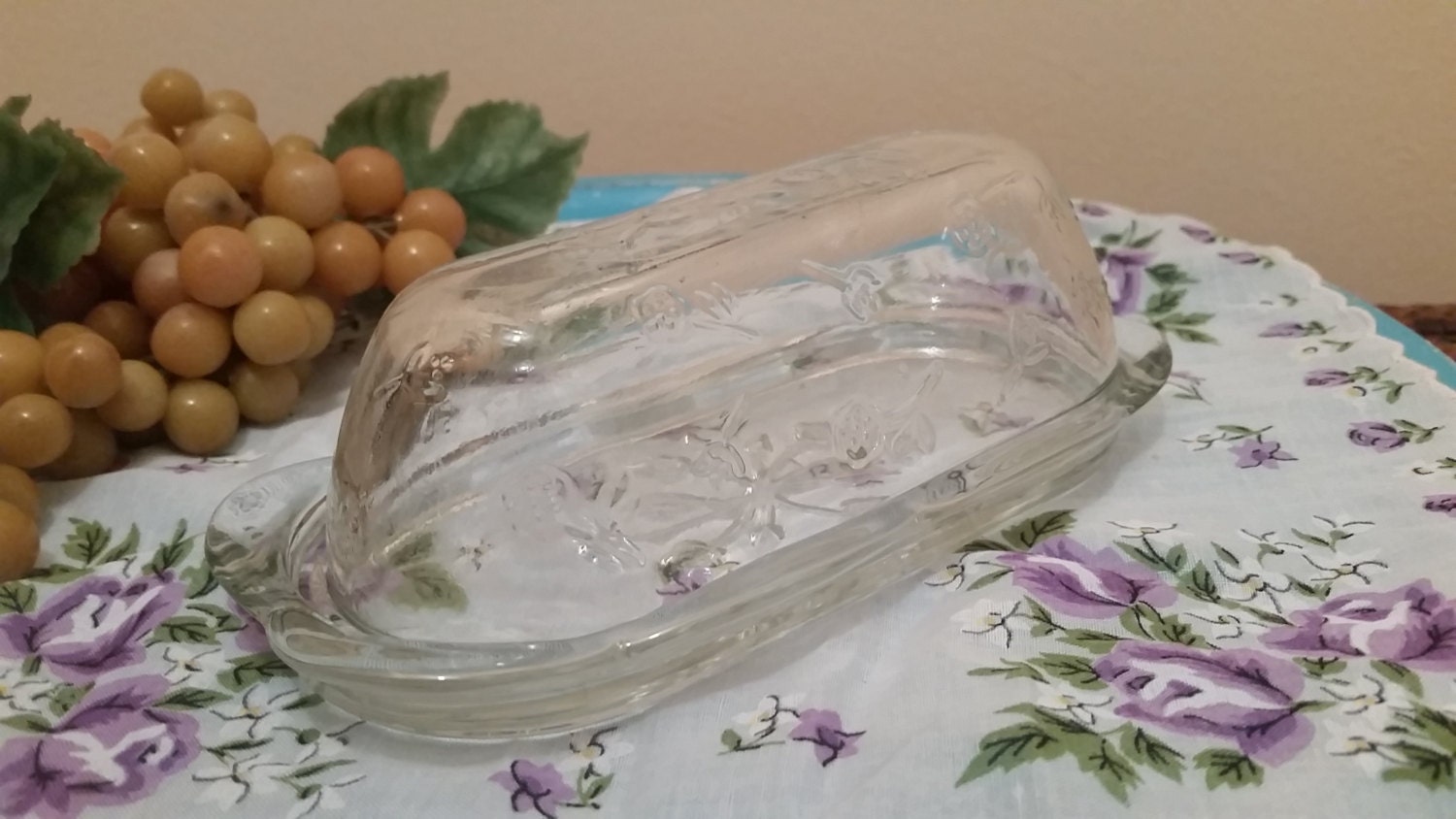 Vintage Glass Butter Dish Mid Century Glass Butter Dish Floral