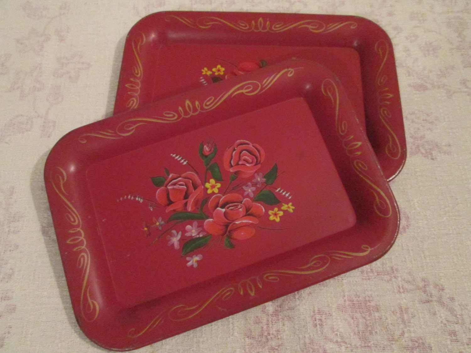 Vintage Tole Trays Decorative Tray Tip Tray Metal Serving Trays Red