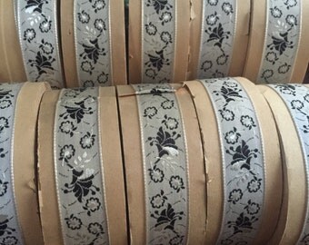 Vintage black, grey and white embroidered ribbon, Made in France, incredible embroidery, 7/8 inches, Sold by the Yard