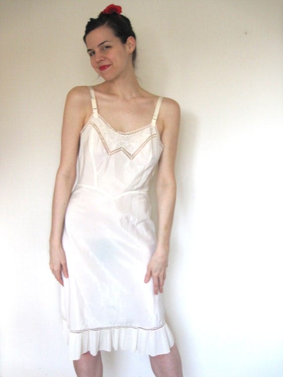 1960s Lingerie Slip White Nylon Floral Embroidery Eyelet Lace