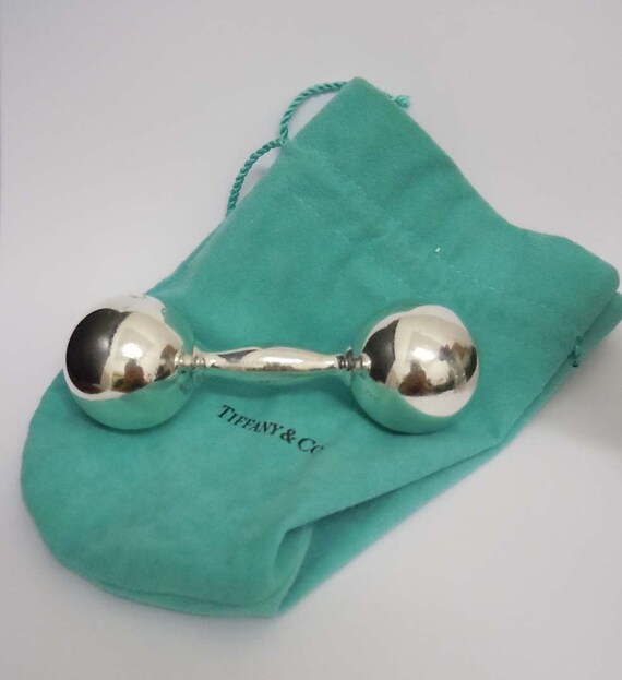 Vintage Tiffany 925 Sterling Silver Barbell Baby Rattle W Bag