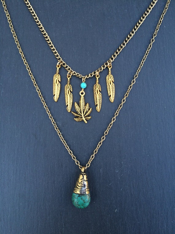 Items similar to Gold Turquoise Feather Layered Weed Pendant on Etsy