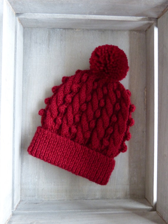 Cable & Bobble Knit Hat with Pom Pom in Red