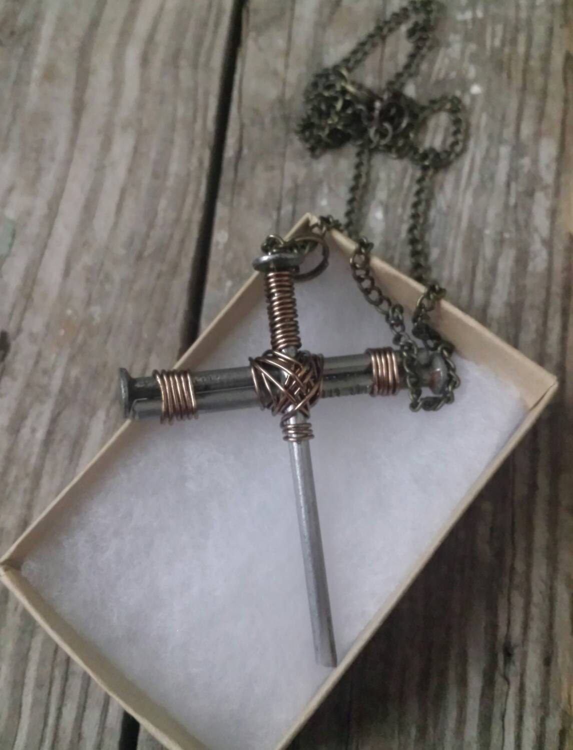 Nail Cross Necklaces Wire Wrapped Nail by ArtsyDesignsbyKaren