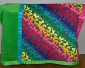 Fleece Quilt Satin bound fleece Rainbow Butterfly blanket Throw 47" X 57" non pill fleece double layered with Green fleece