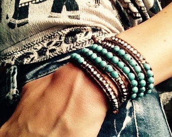 Turquoise Wrap Bracelet; Leather Wrap Bracelet, 5 wrap Leather Bracelet, Beaded Wrap Bracelet, Vegan, Wrap leather bracelet