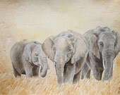 Elephants. Original watercolor painting Handmade 12 "x16" wild animals, the family of elephants, savannah, painting art