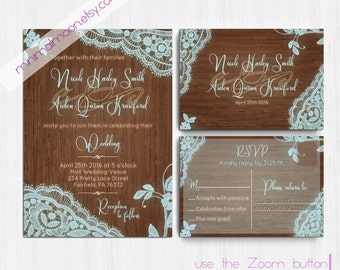 Mint Lace, Printed Wedding Invitation, brown wedding invitation, lace Invitation, Wedding Invite RSVP, Invitation, Rustic wedding invitation