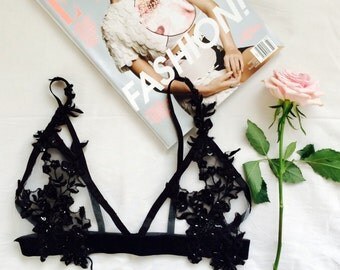 Applique triangle lace bralette - soft bra, handmade lingerie