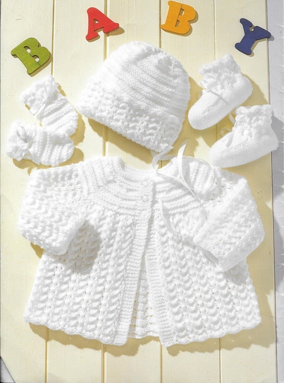 Baby Knitting Pattern Cardigan Hat Mittens Bootees