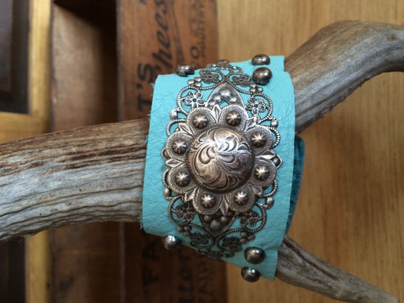 Western Turquoise leather bracelet cuff by SimplyCountryKrista