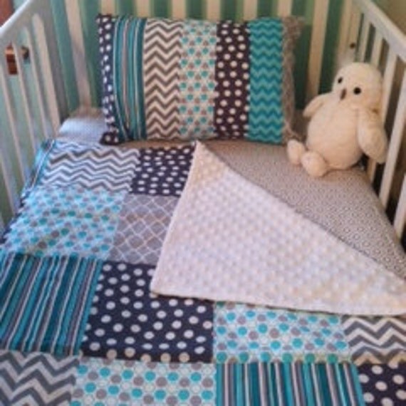 Teal and Grey Baby Bedding Crib Blanket and Pillow by MKHomemadeIA