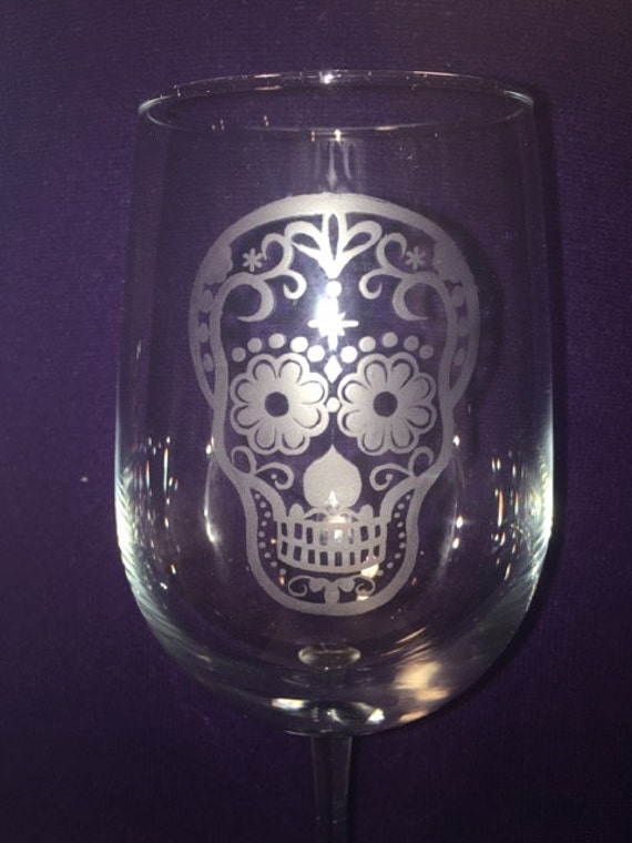 Sugar Skull Etched Wine Glass Skull Design Wine Glasses, Barware