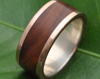 Rose Gold Wood Ring Lados Guayacán Lignum Vitae 14k Recycled Rose Gold - ecofriendly wood wedding band, 14k yellow gold wood wedding ring