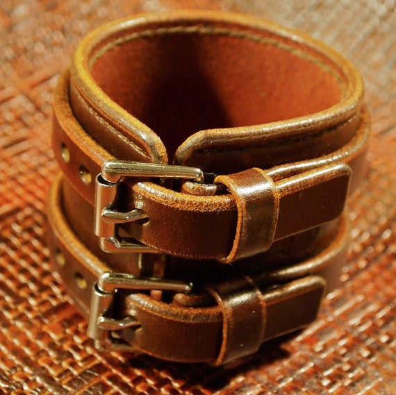 Brown Leather Wristband Double strap Handstitched Luxury Cuff Bracelet made for YOU in NYC by Freddie Matara