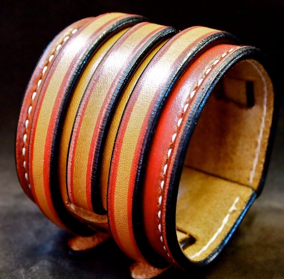 Leather cuff bracelet Red and brown Hand dyed, handstitched, burnished, waxed and handmade for YOU in Brooklyn NYC by Freddie Matara