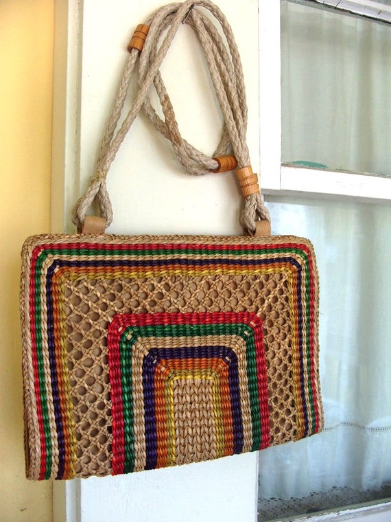 Vintage Multi Colored Woven Straw Handbag Purse Over the
