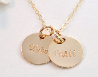 Mother's Name Necklace, Personalized Two Disc Gold-Filled Name Necklace, Mommy Necklace, Hand Stamped Necklace