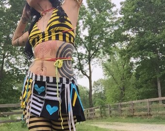 Body Candy Arm Warmers - Crochet One Long Sleeve, Warrior Pirate Sleeve, Tribal Belly Dance, Gothic Lolita, Punk Rock, yellow red green