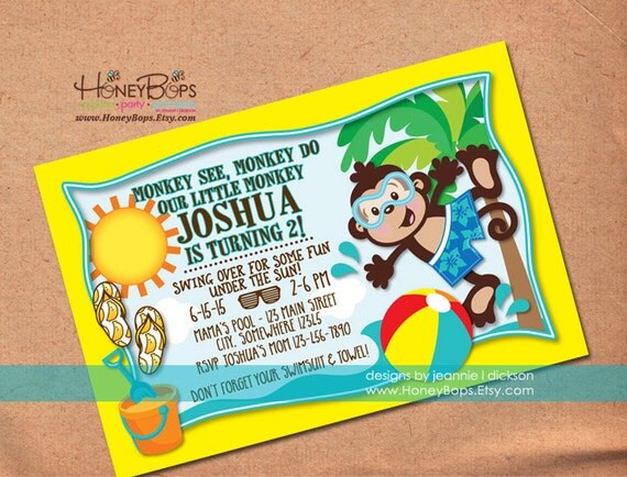 Summer Beach Monkey Boy Printable Invitation - Digital File Il_570xn