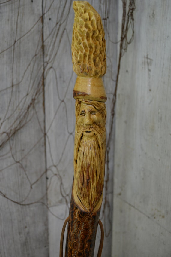 double carved staff wood spirit walking stick carving hand