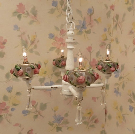 dollhouse miniature shabby chic pink roses crystal by miniholiday dollhouse miniature shabby chic pink roses crystal by miniholiday