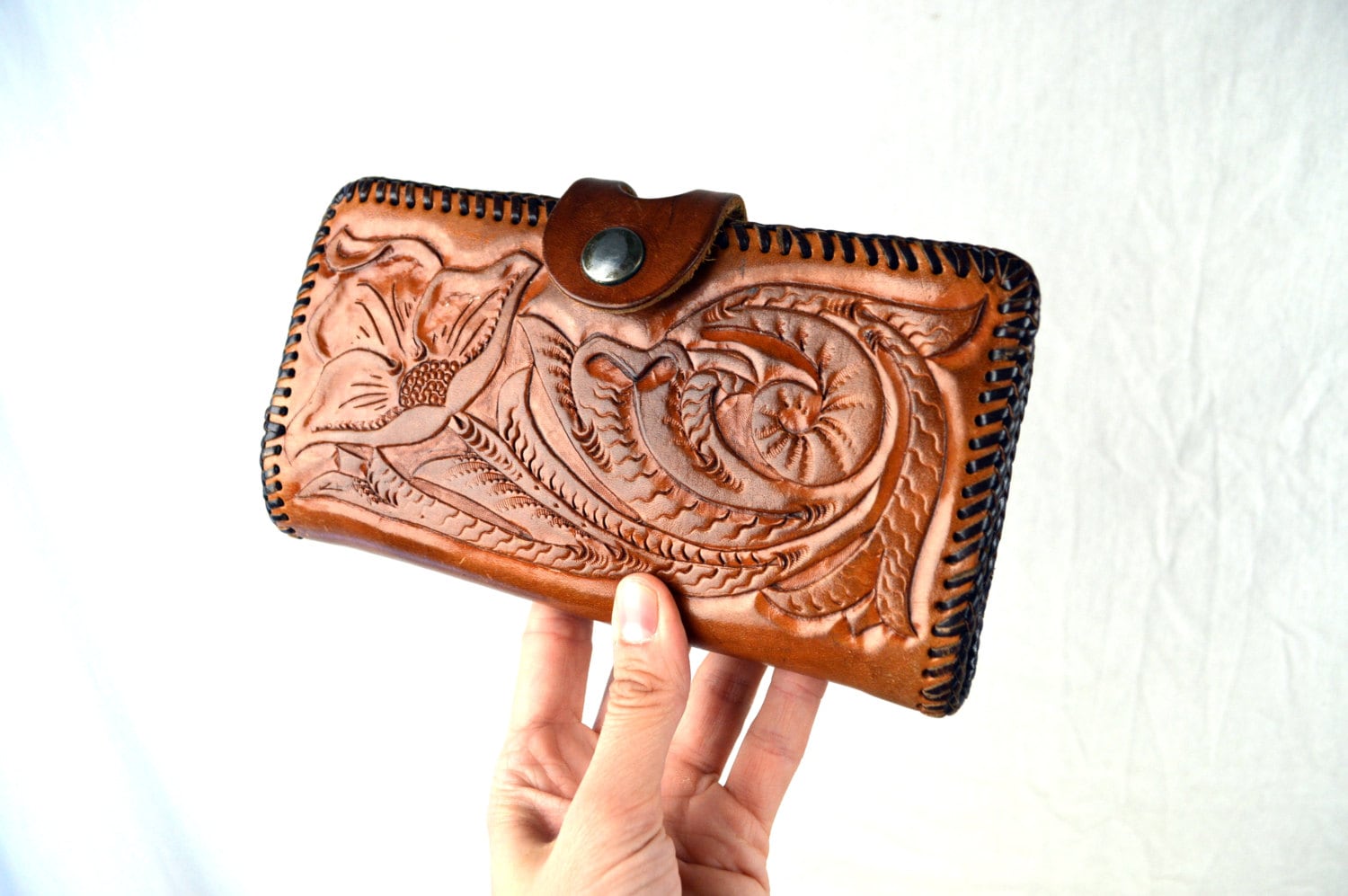 Vintage Mexican 1950 Tooled Leather Floral Wallet by RogueRetro