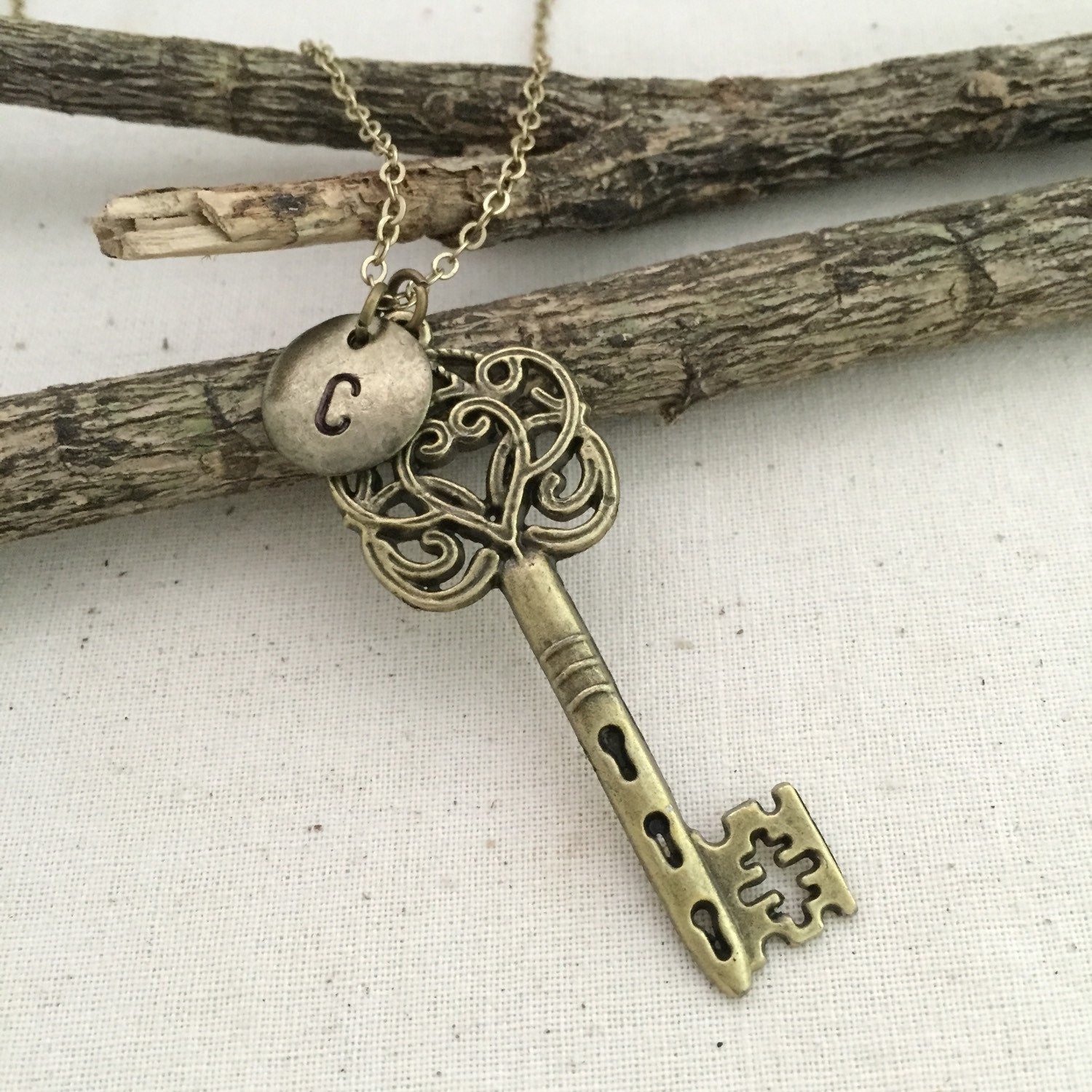 Ornate Style Victorian Key Necklace with Initial Charm