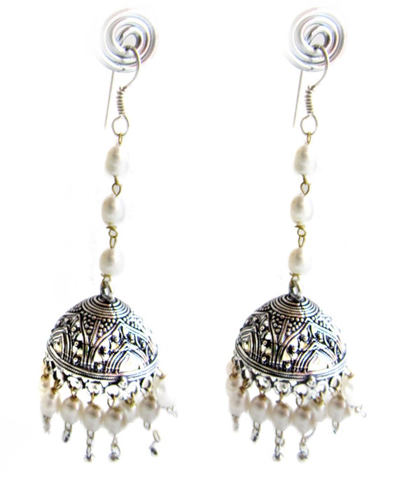 Silver Pearl JhumkasLarge Indian JhumkaKucchi by taneesijewelry